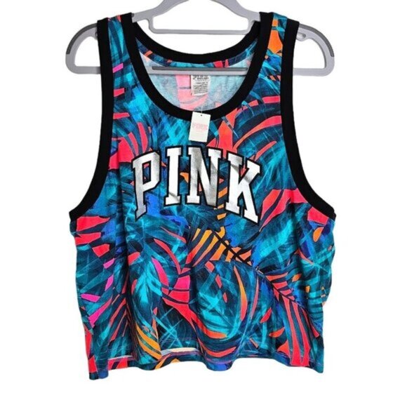 NWT VICTORIA'S SECRET PINK Palm Tree Tank Top TEAL PINK ORANGE BLUE size L Cute! - Picture 1 of 5